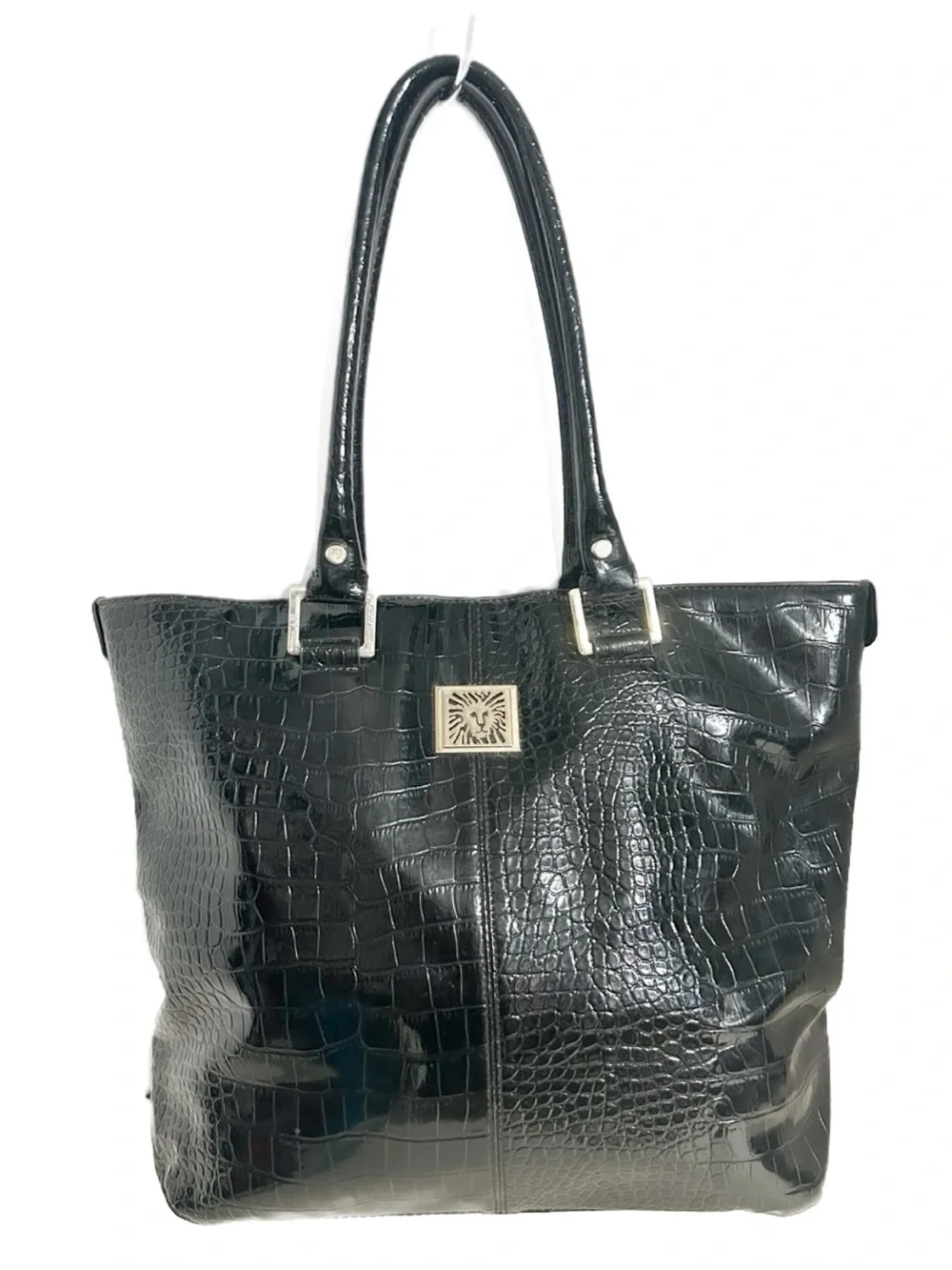 Anne Klein Black Crocodile Embossed Tote Bag Gold Lion Logo Structured Work Bag
